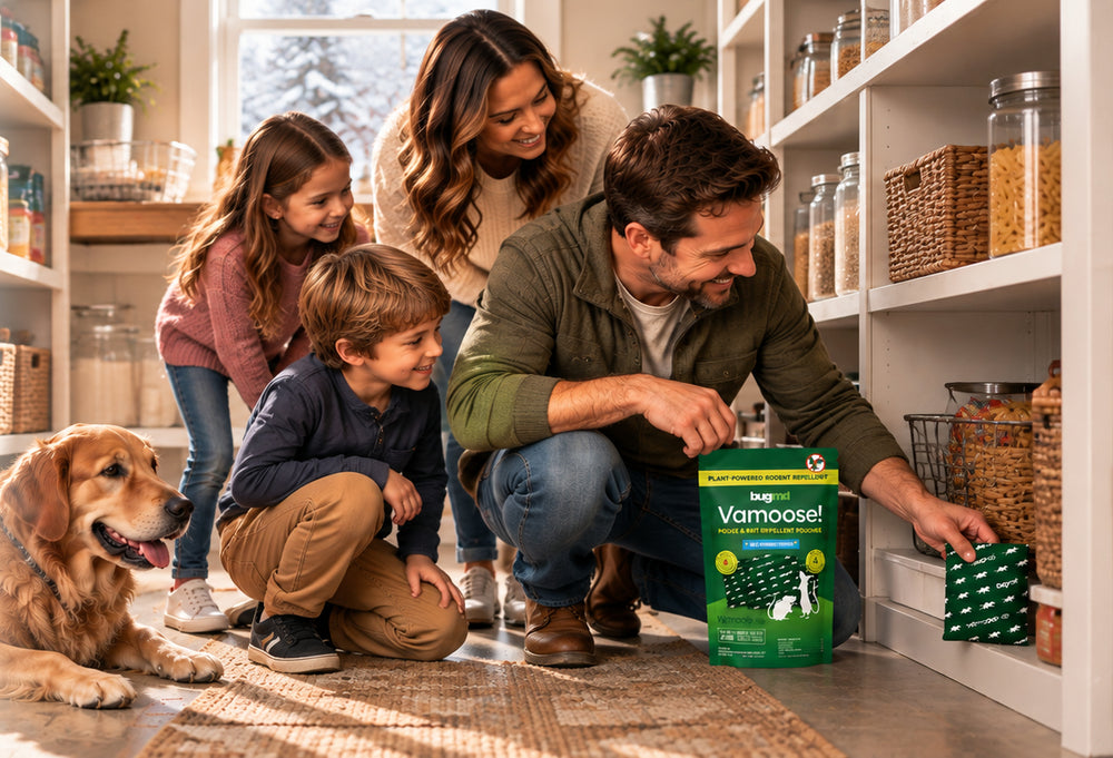 Family placing a BugMD Vamoose pouch in their pantry while their dog watches